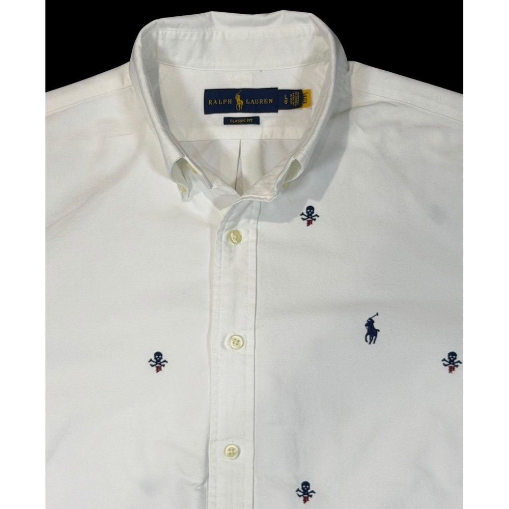 Polo Ralph Lauren Men's White Short Sleeve Skull and Bones Oxford Shirt Large